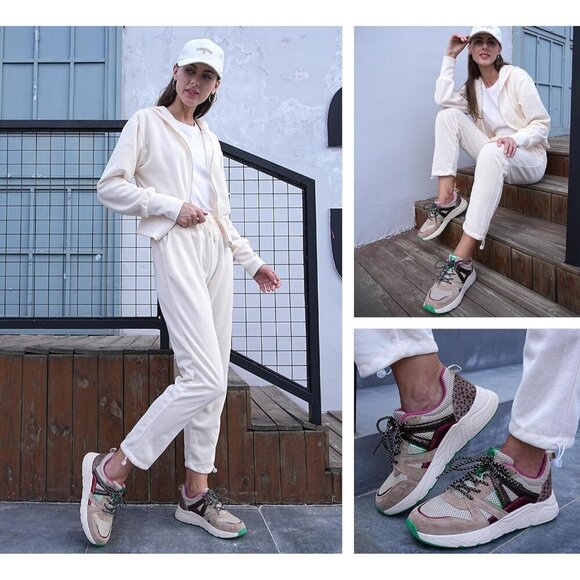 Brand New Women Camel/Beige Polyurethane LUCKY STEP Chunky Leopard Sneakers - Picture 7 of 9